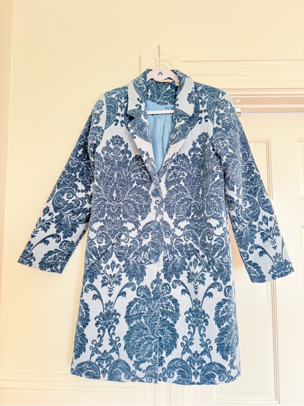 Soft Surroundings Blue Chenille Damask Baroque Regency Peacoat - Unique Jacket